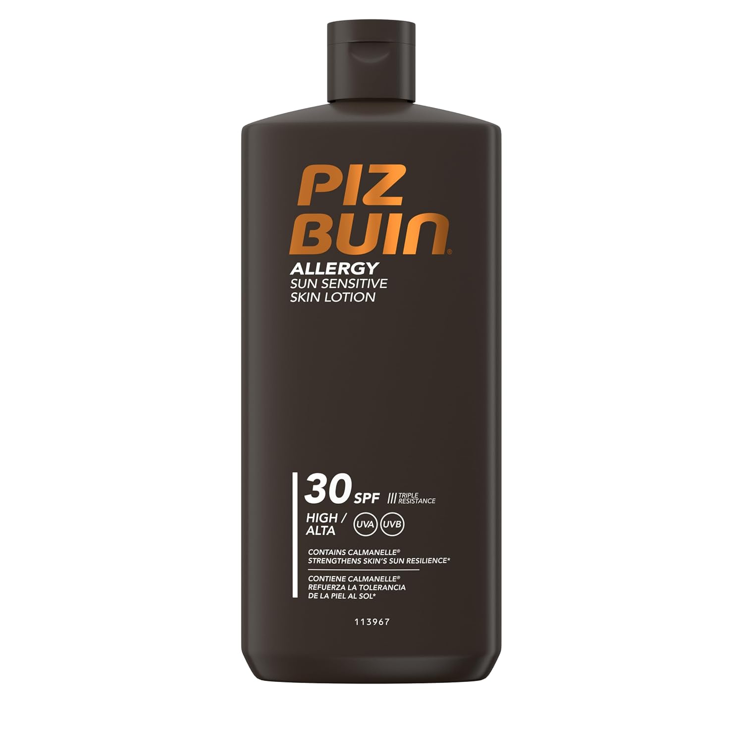 Front image: Piz Buin Allergy Sun Lotion SPF30 sensitive skin sunscreen bottle 400ml