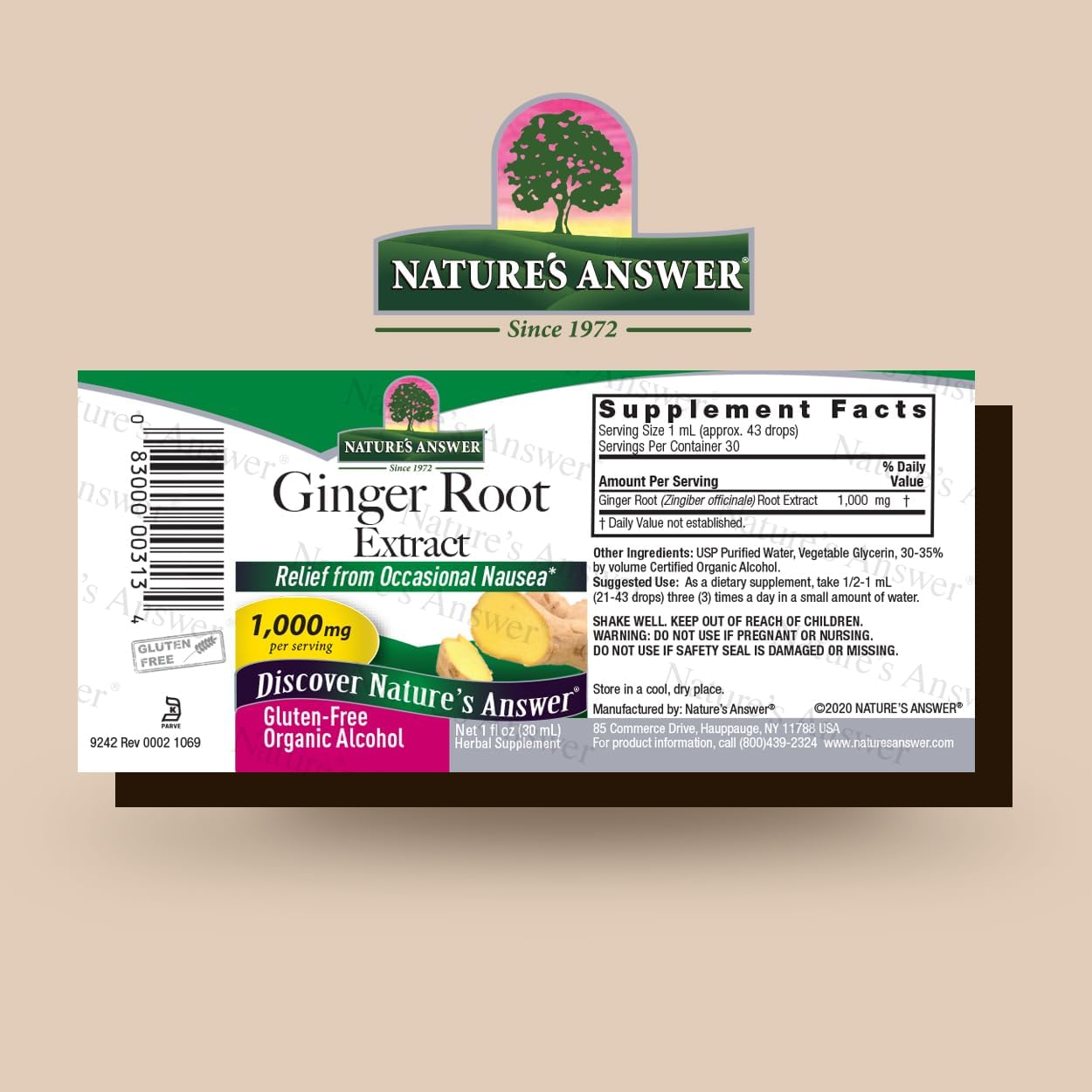 Nature’s Answer Ginger Root Liquid Extract 30ml barcode image on a beige background