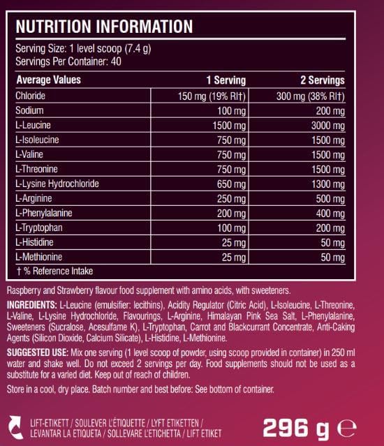 Supplement facts & ingredients image: XTEND EAA Amino Acids Powder Summer Fruits supplement facts ingredients tub powder 296g 40 servings