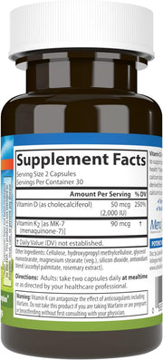 Supplement facts & ingredients image: Carlson Vitamin D3 K2 MK7 supplement facts capsules 60 count