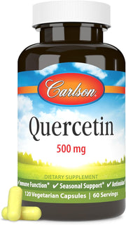 Front image: Carlson Quercetin 500 mg vegetarian capsules supplement bottle 120 count
