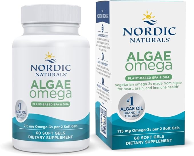 Nordic Naturals Algae Omega vegan softgel bottle & box - 60 softgels, white background.
