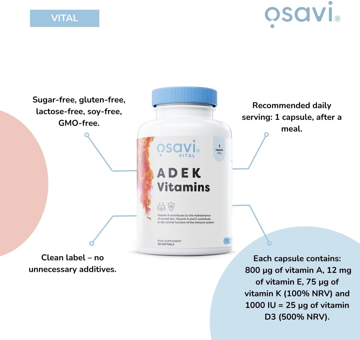 Osavi Vitamin A D E K Complex with Natural Beta-Carotene & D3 - 120 Softgels