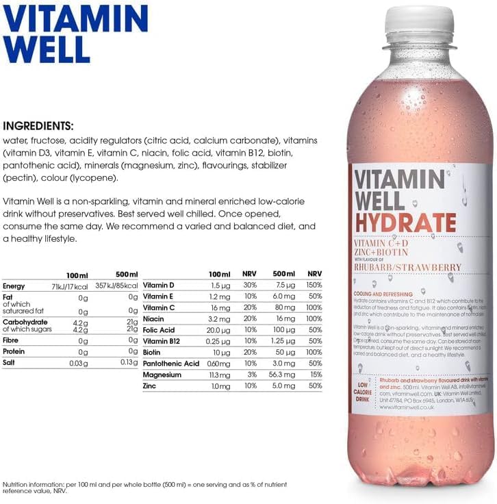 Vitamin Well Hydrate nutrition facts label bottle 500ml 