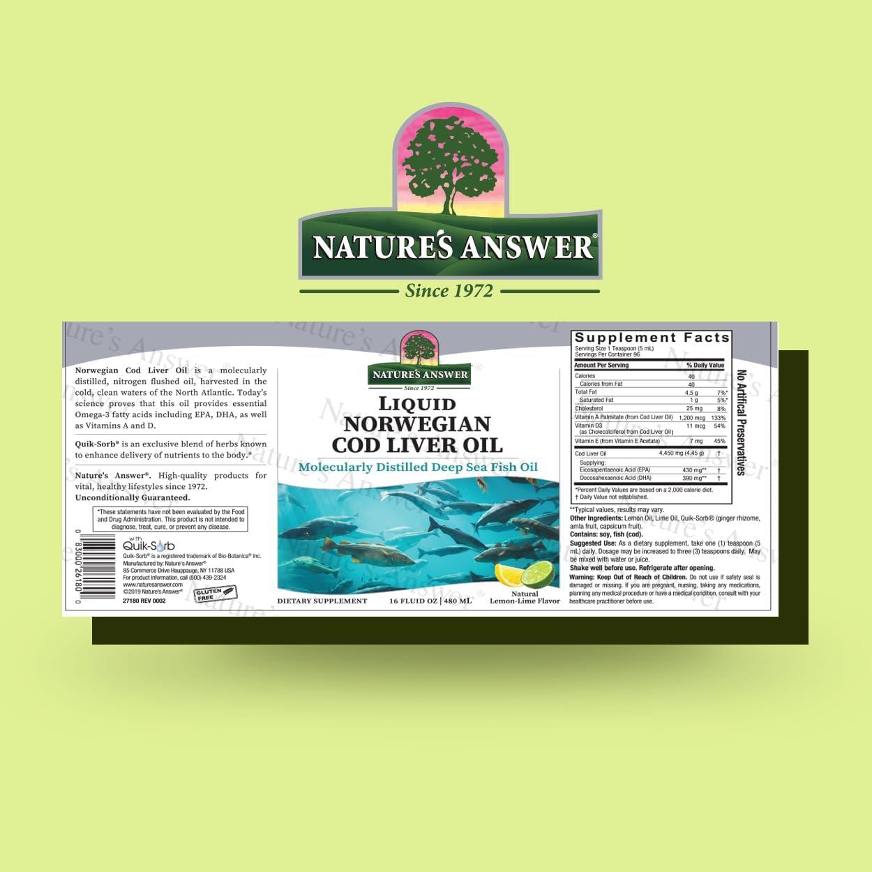 Nature’s Answer Liquid Norwegian Cod Liver Oil 480ml barcode image on a green background