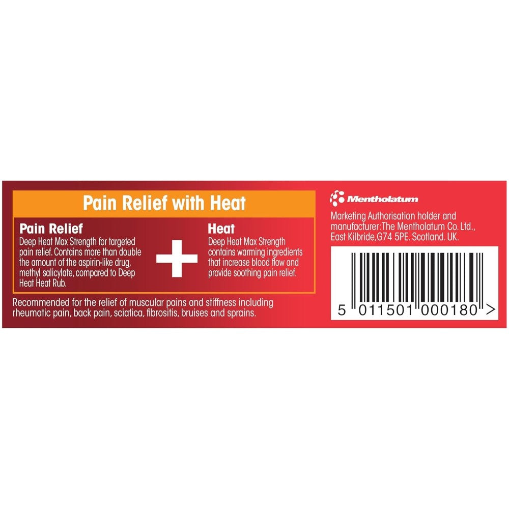 Deep Heat Max Strength Heat Rub Cream, tube and carton packaging, no flavour, 35g, barcode