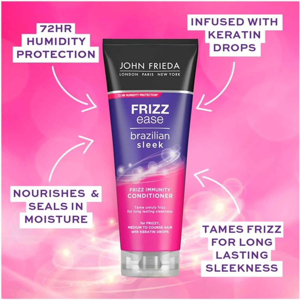 John Frieda Frizz Ease Brazilian Sleek conditioner hydrolyzed keratin 250ml tube lifestyle use image