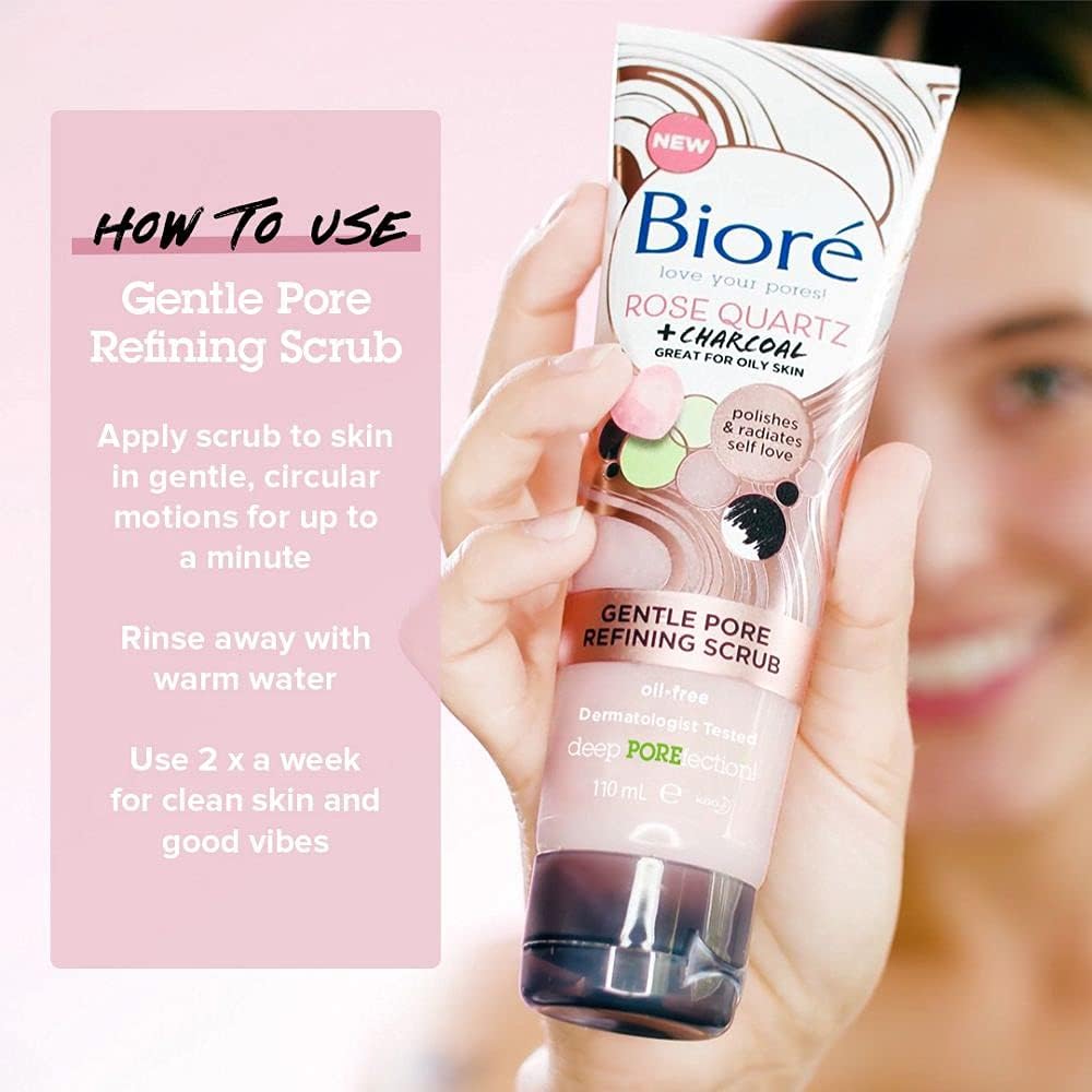 Bioré Rose Quartz + Charcoal Gentle Pore Refining Scrub application guide 110ml facial scrub