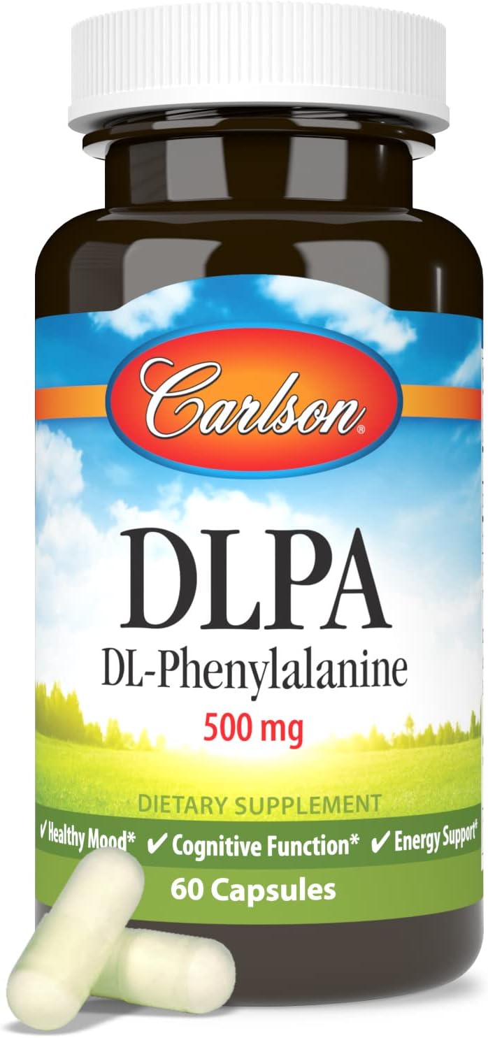 Front image: Carlson DLPA DL phenylalanine 500 mg capsules supplement bottle 60 count