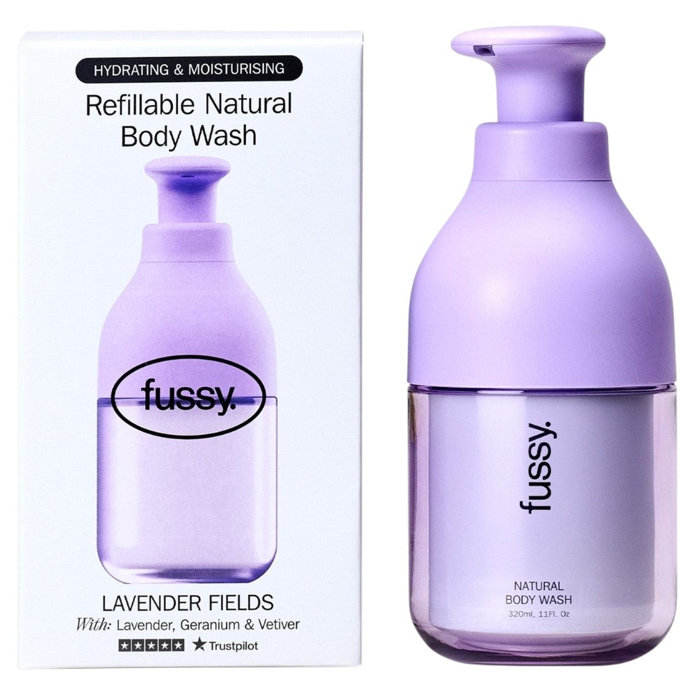 Fussy Refillable Natural Body Wash Lavender Fields lavender geranium vetiver fragrance 320ml bottle and refill front packaging