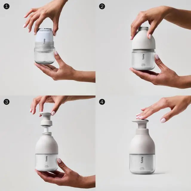 Fussy Refillable Natural Hand Wash Coconut Milk coconut almond vanilla fragrance 240ml bottle and refill lifestyle use image