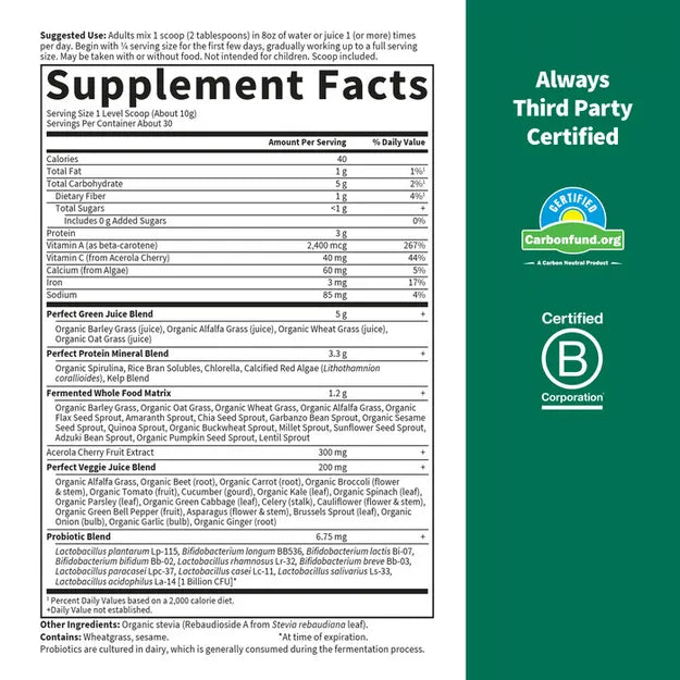 Garden of Life Perfect Food Super Greens powder supplements.