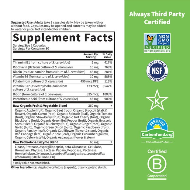 Supplement facts panel for Raw B Complex showing B vitamins, whole food & probiotic blends.