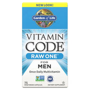 Garden of Life Vitamin Code Raw One for Men multivitamin box, 75-count vegetarian capsules.