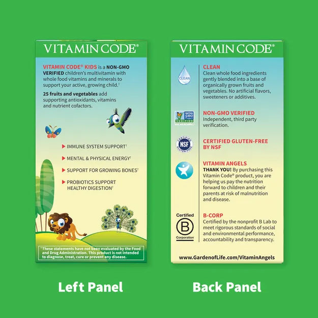 Supplement facts for kids chewable multivitamin, showing ingredients and dosage.