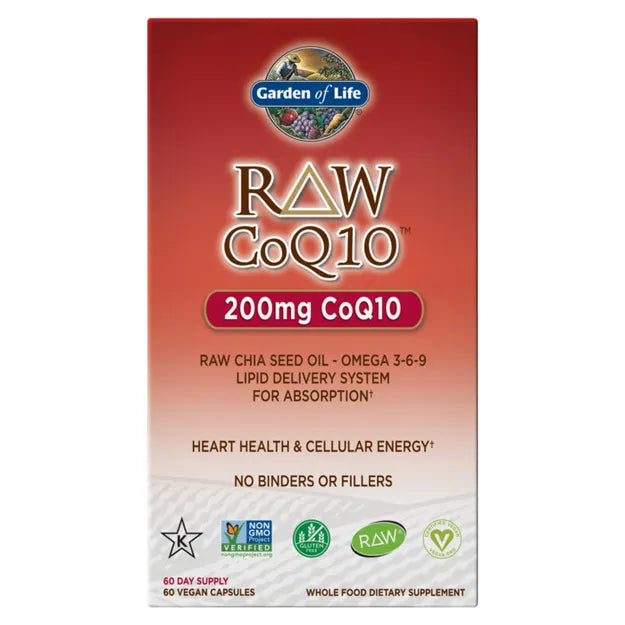 Front view of Garden of Life Raw CoQ10 200mg box with 60 vegan capsules.