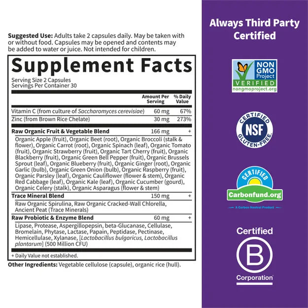 Supplement facts and ingredients for Raw Zinc with whole food blend.