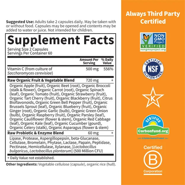 Back label of RAW Vitamin C showing ingredients, benefits, and certifications like Non-GMO, Vegan.