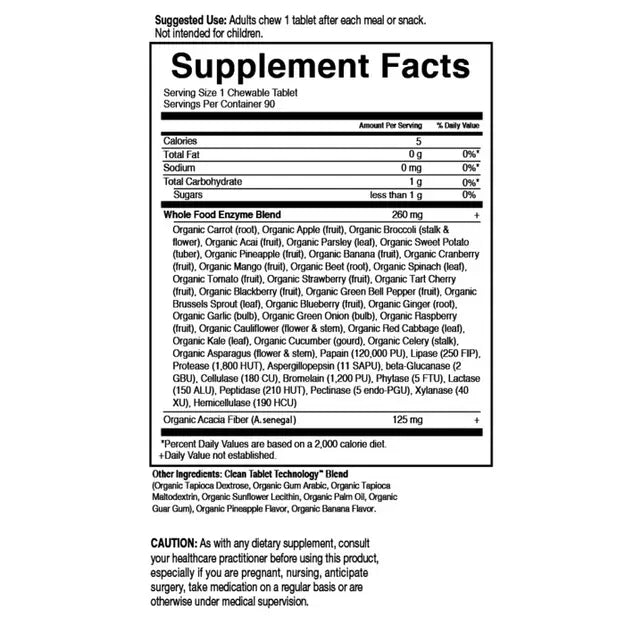 Supplement facts and ingredient list for Organic Digest+ digestive enzymes.