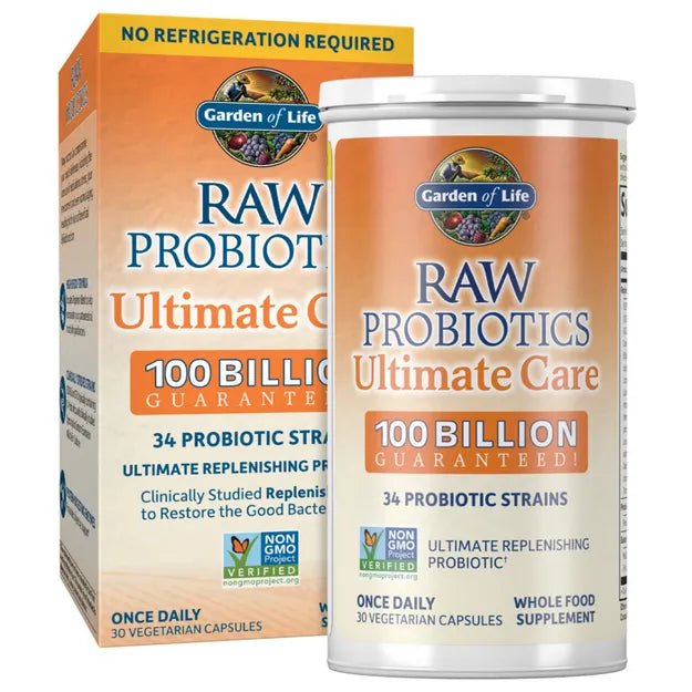  Garden of Life Raw Probiotics bottle & box, 100 Billion CFU, 30 capsules.