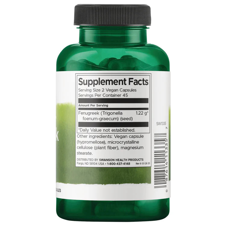 Swanson Full Spectrum Fenugreek Seed 610mg 90 Capsules supplement bottle with label on a white background