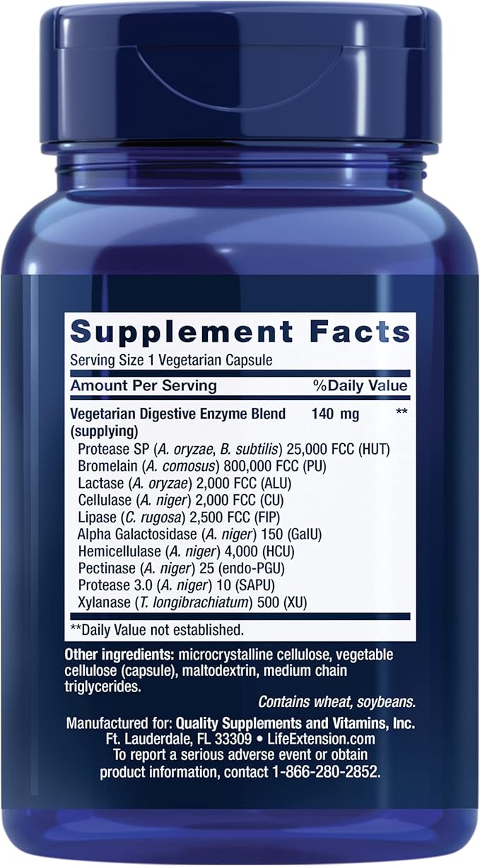Life Extension Digestive Enzymes supplement facts label with ingredient list.