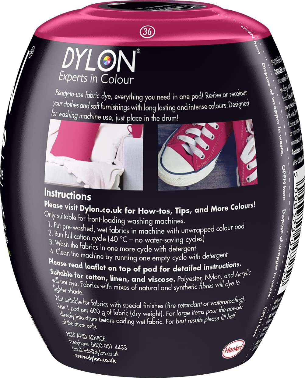 Dylon All-in-1 Washing Machine Fabric Dye Pod Tulip Red 350g ingredients information packaging