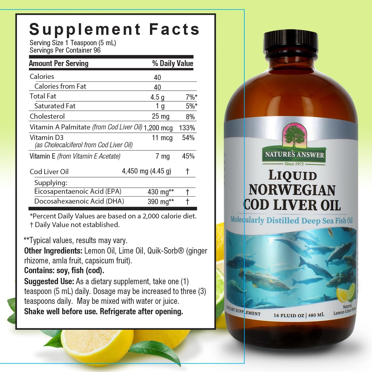 Nature’s Answer Liquid Norwegian Cod Liver Oil 480ml supplement facts label on a light green background.