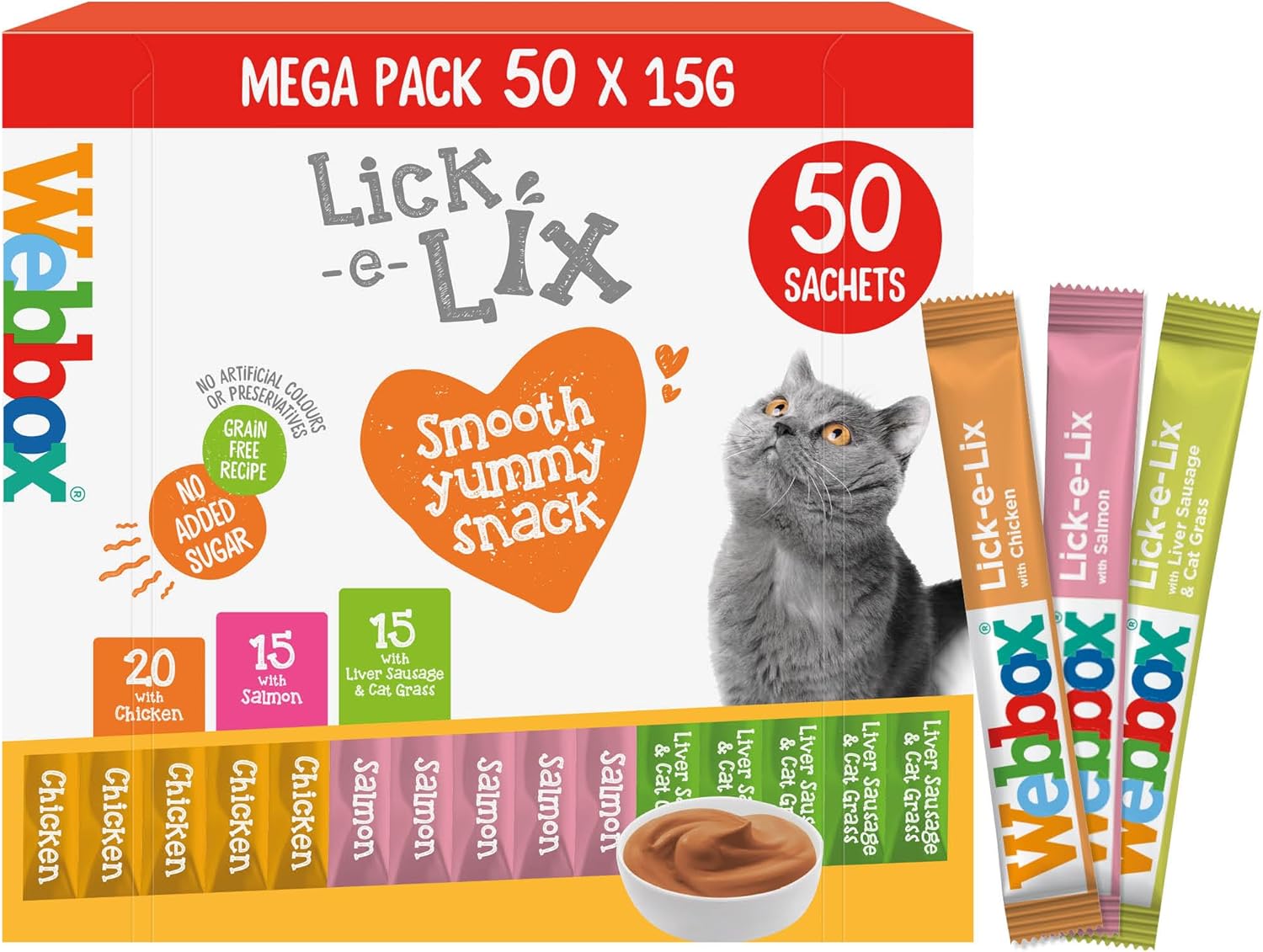 Webbox Lick-e-Lix cat treats variety pack creamy lickable sachets chicken salmon liver flavour 50 x 15g