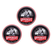 Front image: Uppercut Deluxe Pomade 100g jar strong hold high shine styling product 3 packs