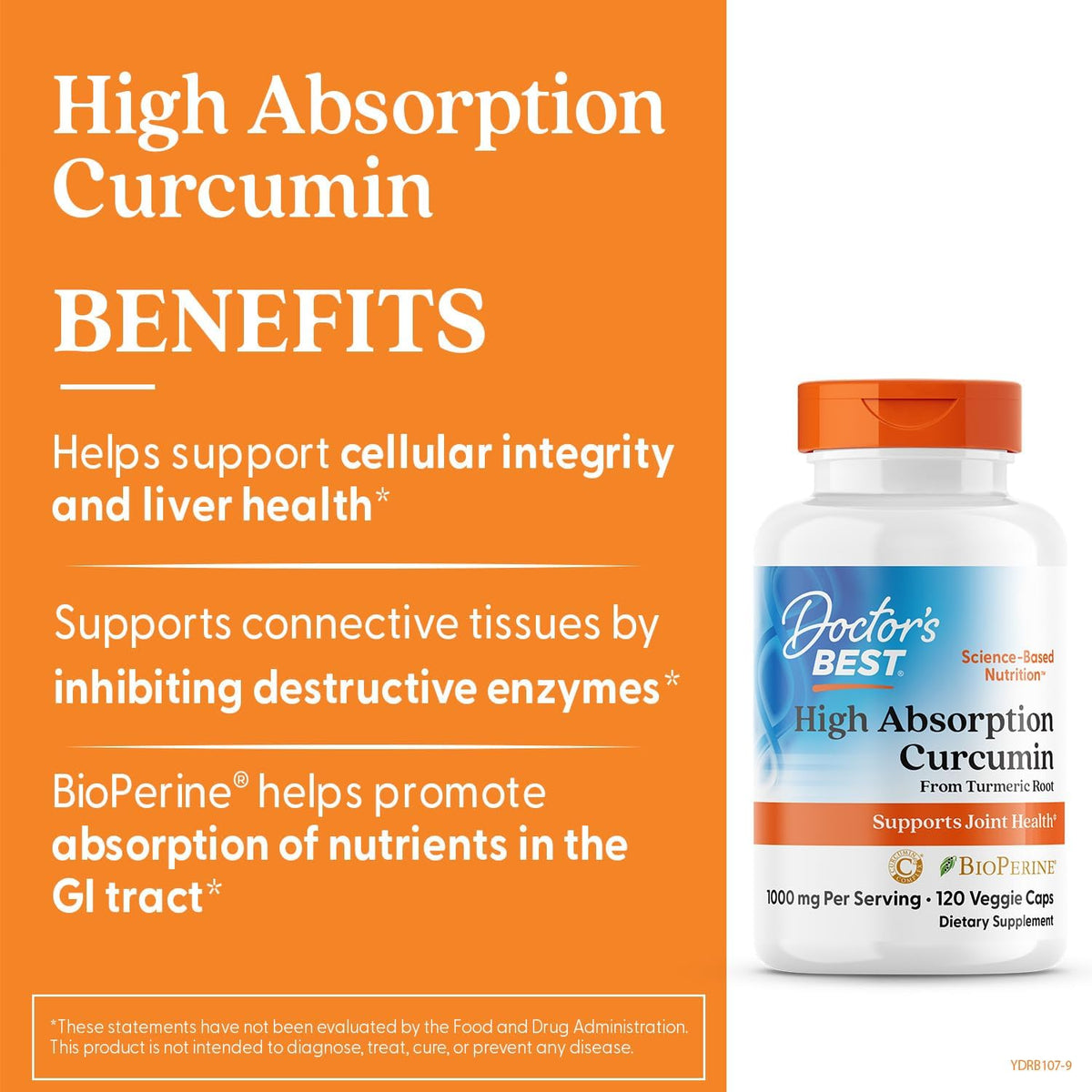 Doctor's Best High Absorption Curcumin, bottle packaging, unflavoured, 1000mg, 120 capsules, daily dietary supplement use