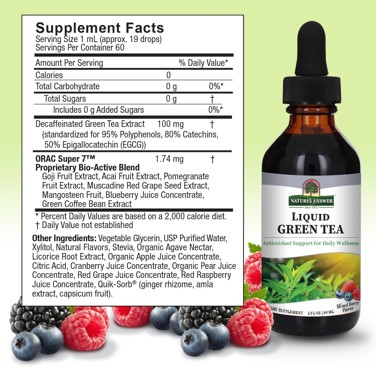 Nature’s Answer Liquid Green Tea ORAC supplement facts mixed berry 60ml