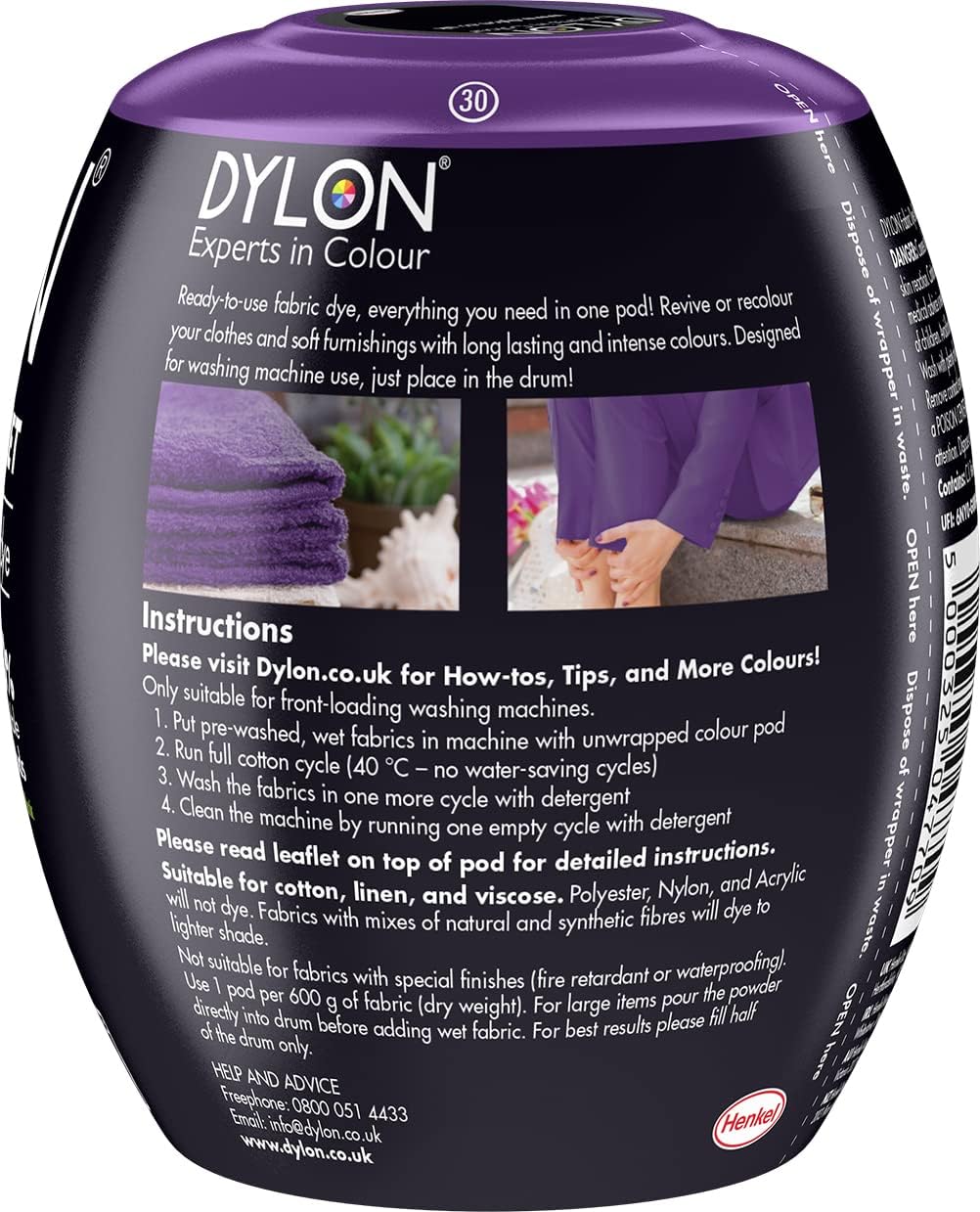 Dylon All-in-1 Washing Machine Fabric Dye Pod Deep Violet 350g ingredients information packaging
