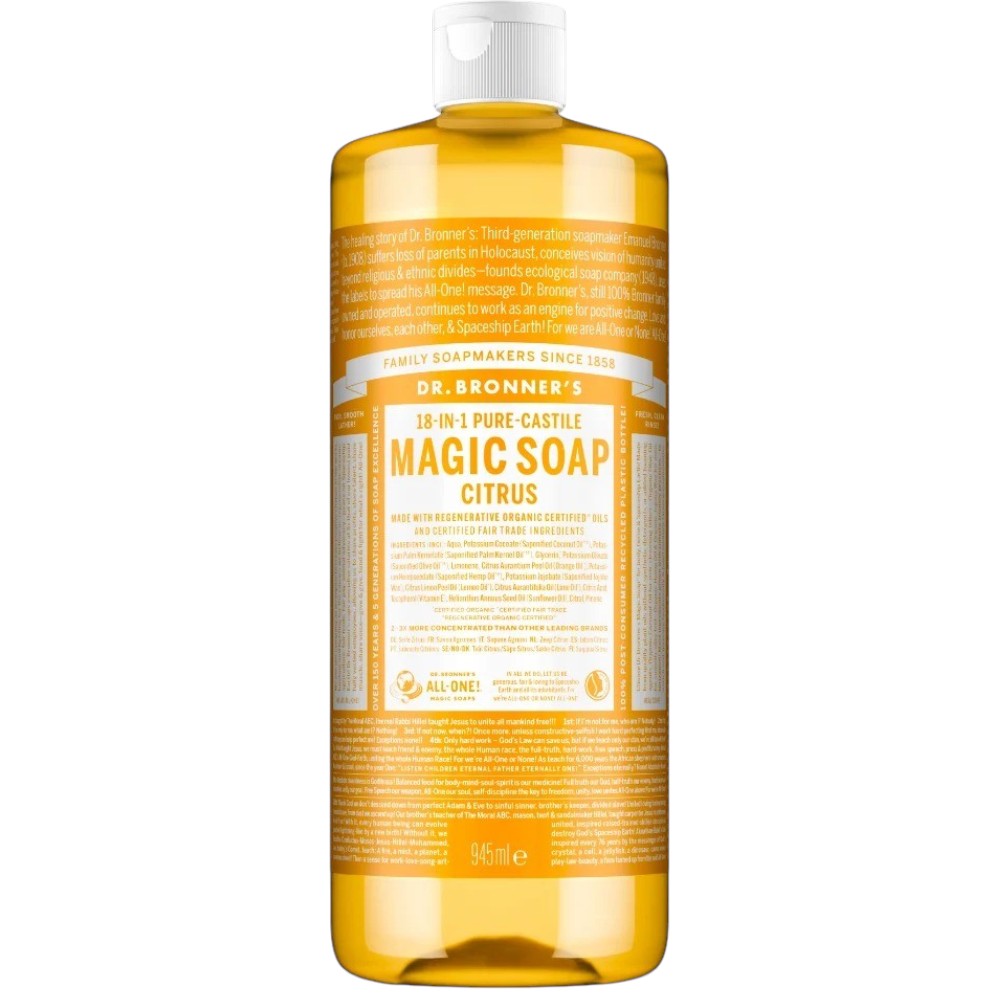 Dr. Bronner's Citrus Pure-Castile Liquid Soap bottle, orange lemon and lime scent, 945ml