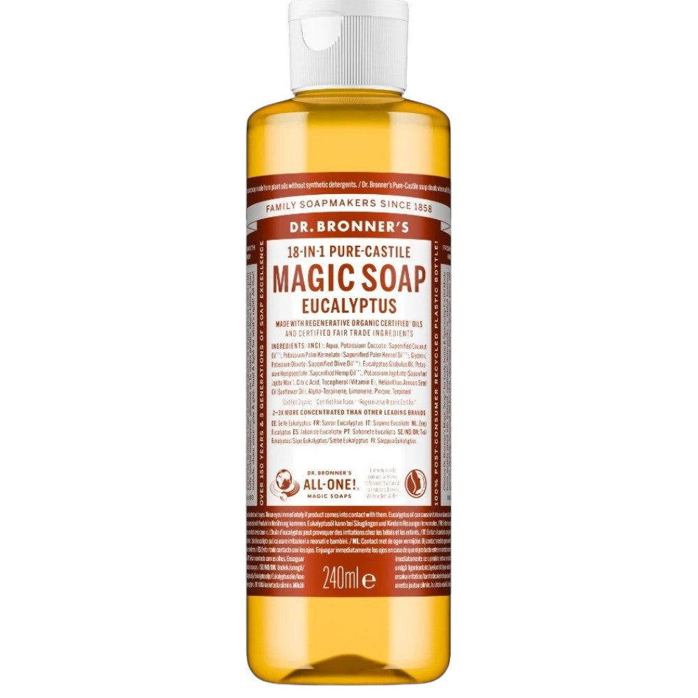 Dr. Bronner's Eucalyptus Pure-Castile Liquid Soap bottle, eucalyptus scent, 240ml