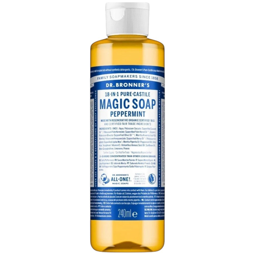 Dr. Bronner's Peppermint Pure-Castile Liquid Soap bottle, peppermint scent, 240ml
