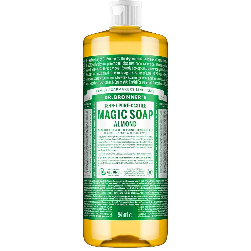 Dr. Bronner's Almond Pure-Castile Liquid Soap bottle, almond scent, 945ml
