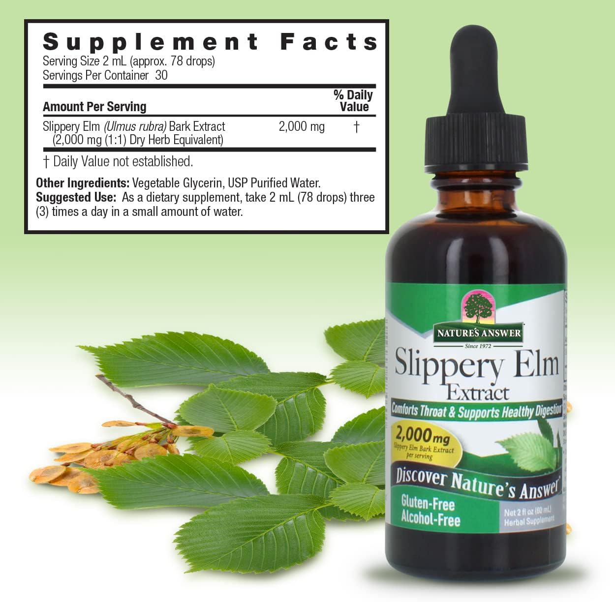 Nature’s Answer Slippery Elm Alcohol-Free Liquid Extract 60ml supplement facts label