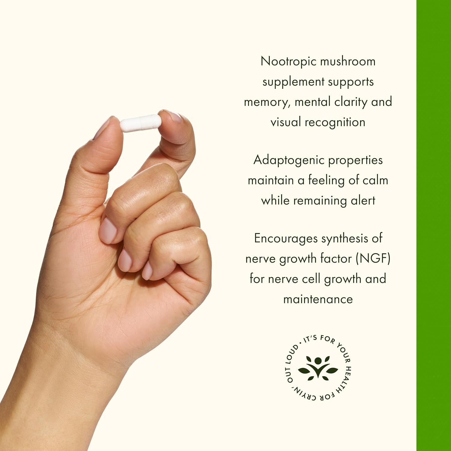 Hand holding a supplement capsule with text about nootropic mushroom supplements on a white background.