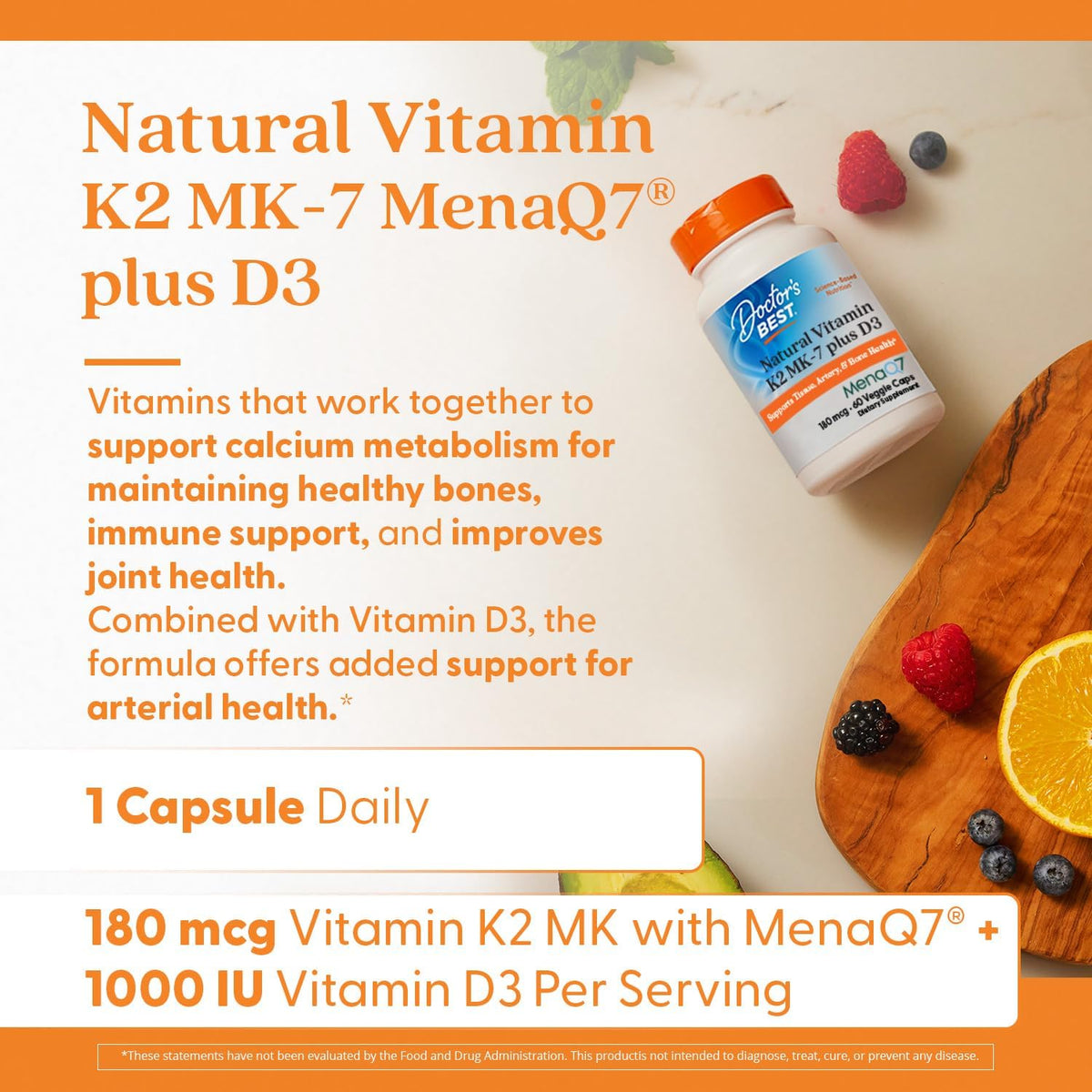 Doctor's Best Natural Vitamin K2 MK-7 plus D3, bottle packaging, unflavoured, 180mcg, 60 veggie capsules, daily use instructions