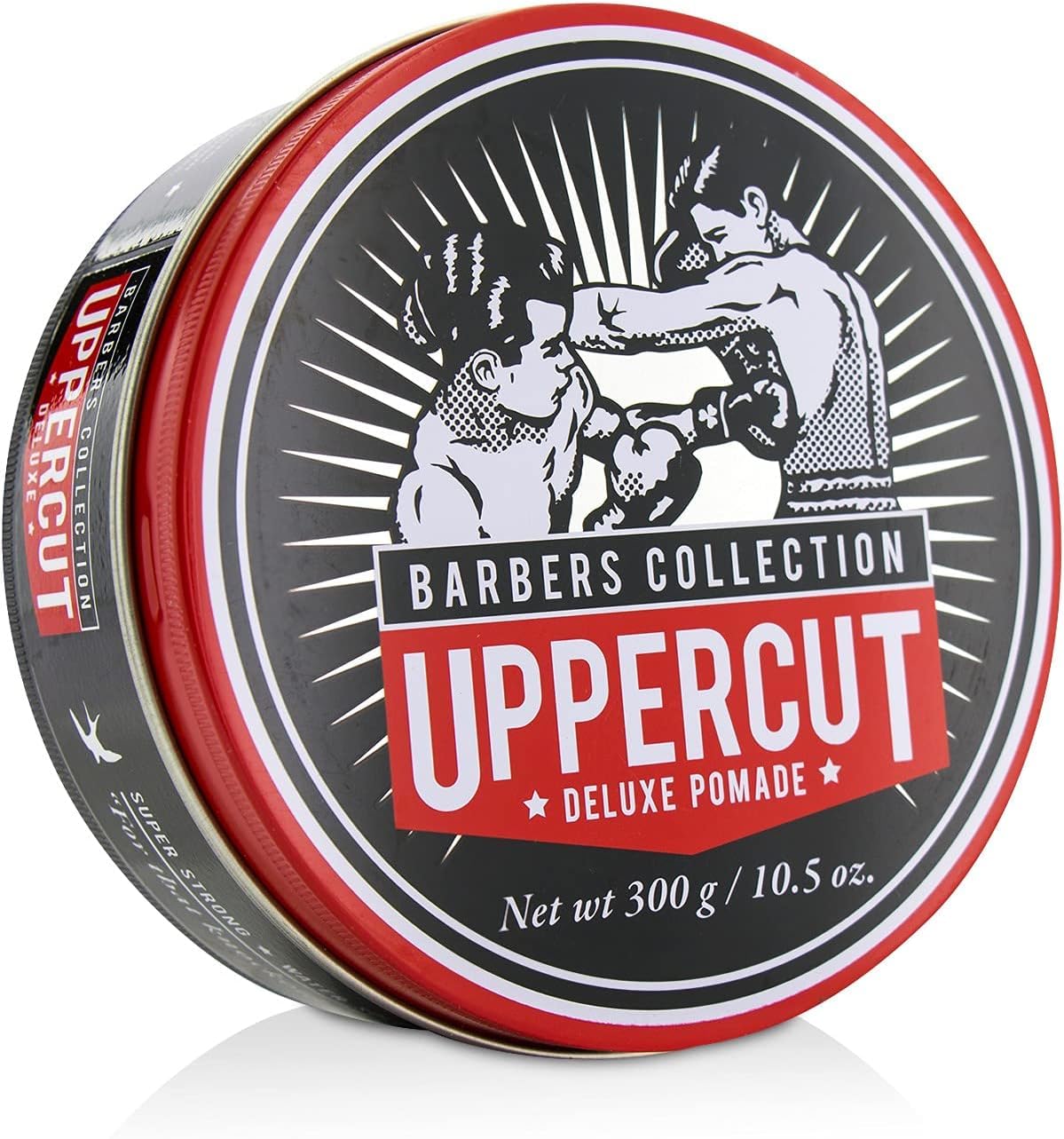 Side image: Uppercut Deluxe Pomade 300g jar strong hold high shine styling product packaging