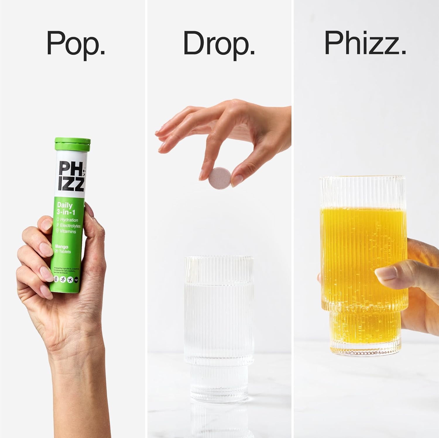 Phizz mango hydration tablet dissolving in water tube 20 tablets
