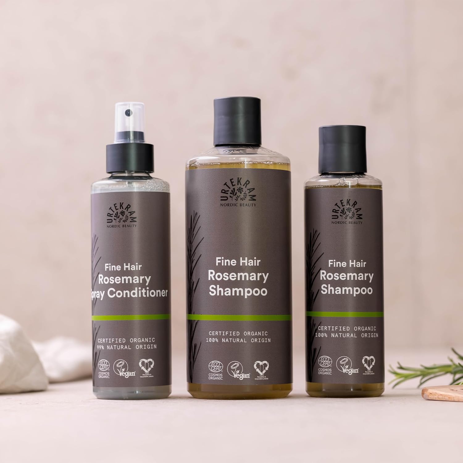Urtekram Fine Hair Rosemary Shampoo, shampoo bottle packaging, rosemary fragrance, 250ml, fine haircare use & other variants