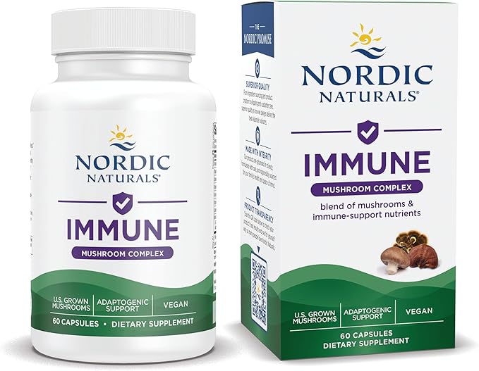 Nordic Naturals Mushroom Complex bottle & box, 60 vegan capsules, unflavored.