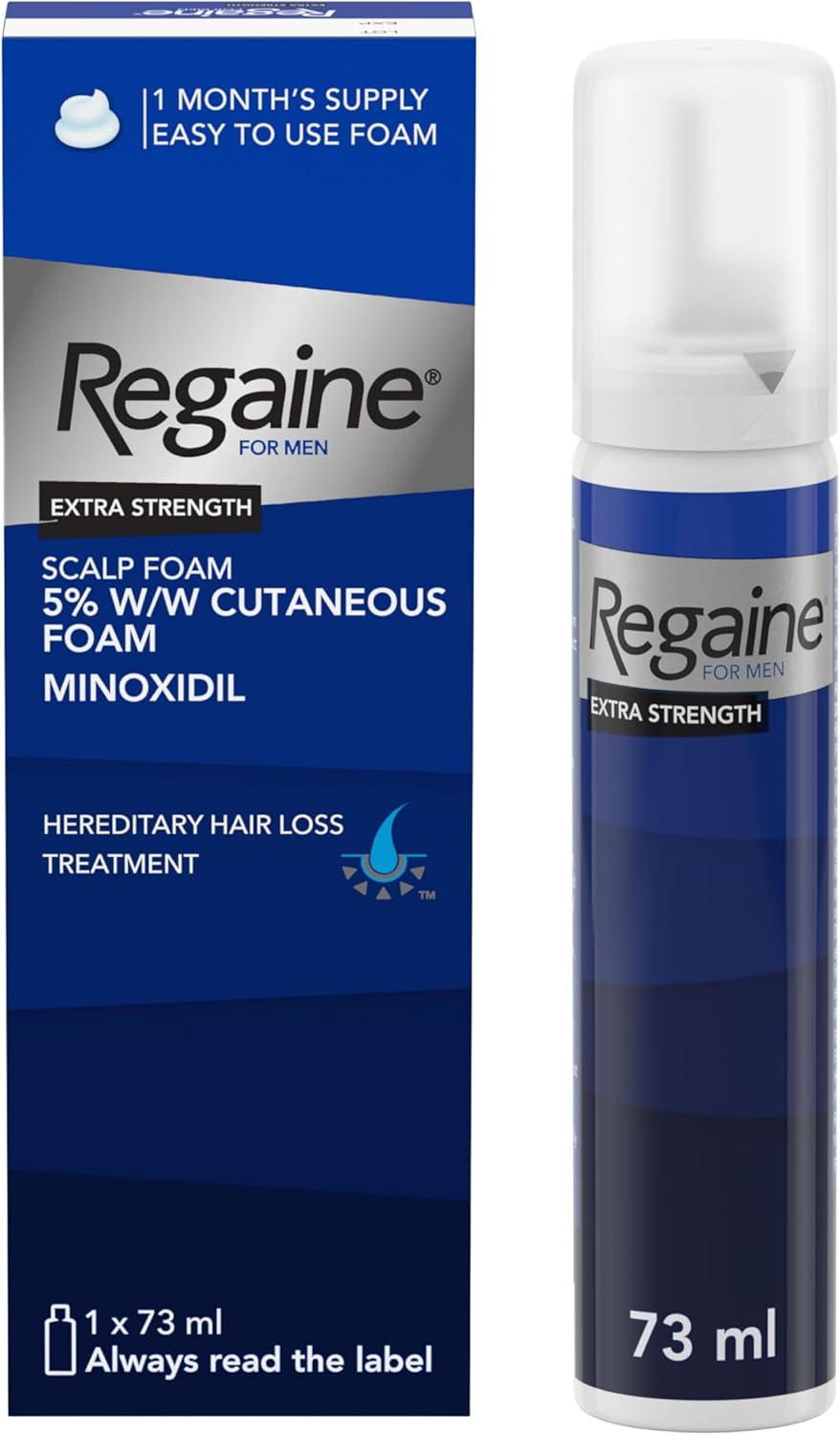 Regaine For Men Extra Strength 5% Minoxidil Scalp Foam, aerosol can packaging, no flavour, 73ml