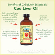 ChildLife Essentials Cod Liver Oil key benefits DHA EPA vitamins A D E 237ml