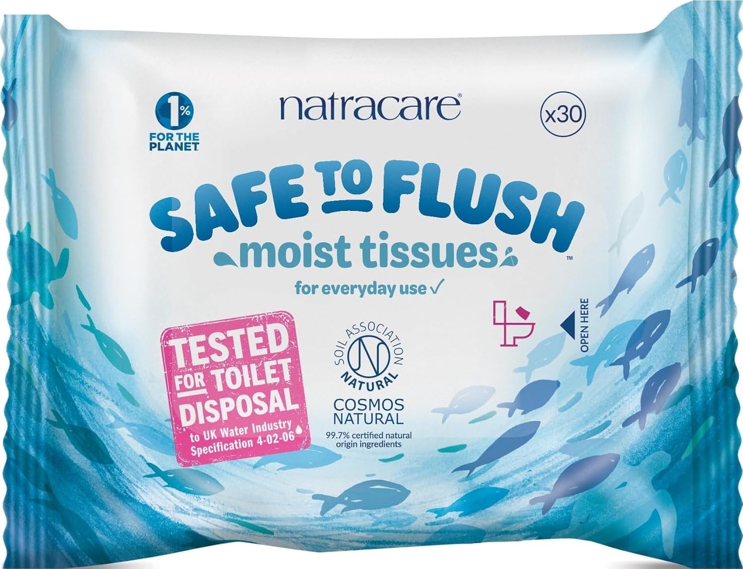 Natracare Safe to Flush Moist Tissues plastic free flushable wipes pack 30 wipes