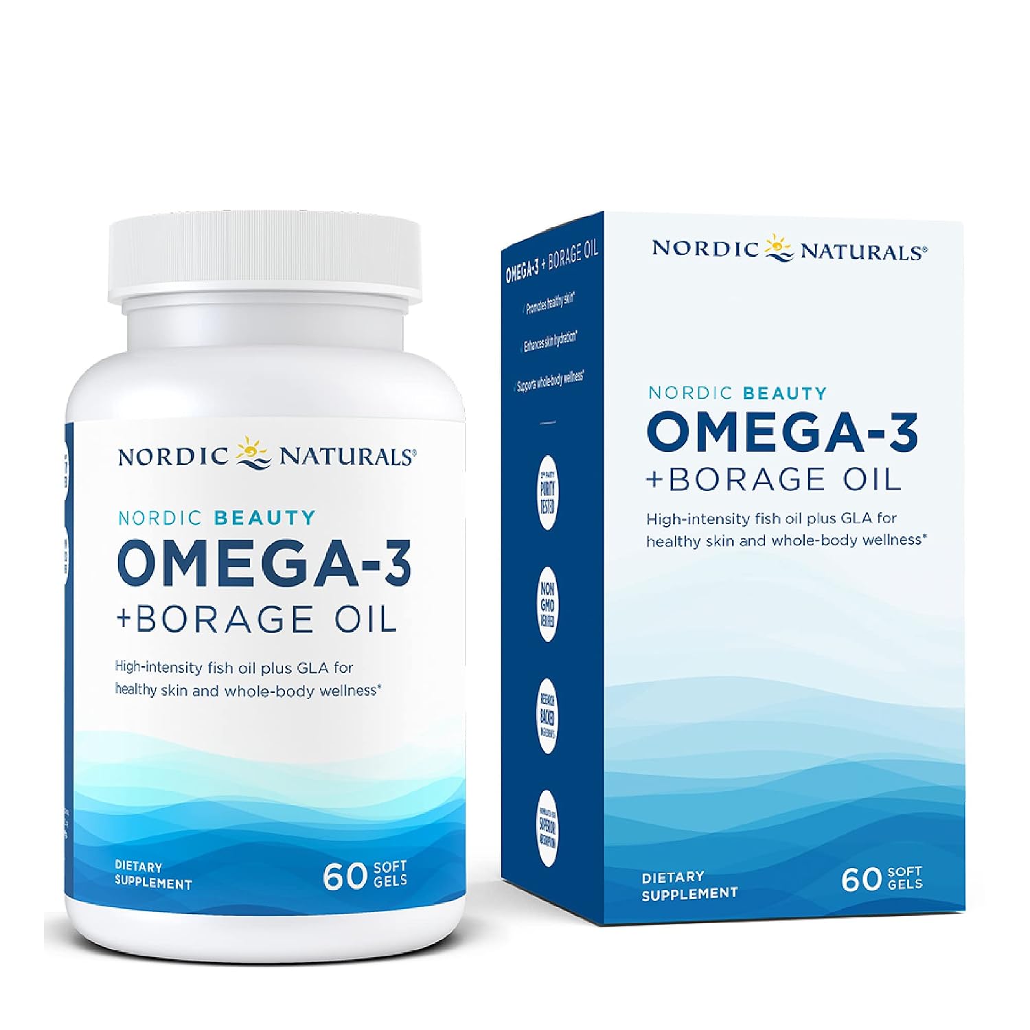 Nordic Naturals Omega-3 + Borage Oil dietary supplement shown as a white bottle with a white cap next to its blue and white retail box on a plain white background.