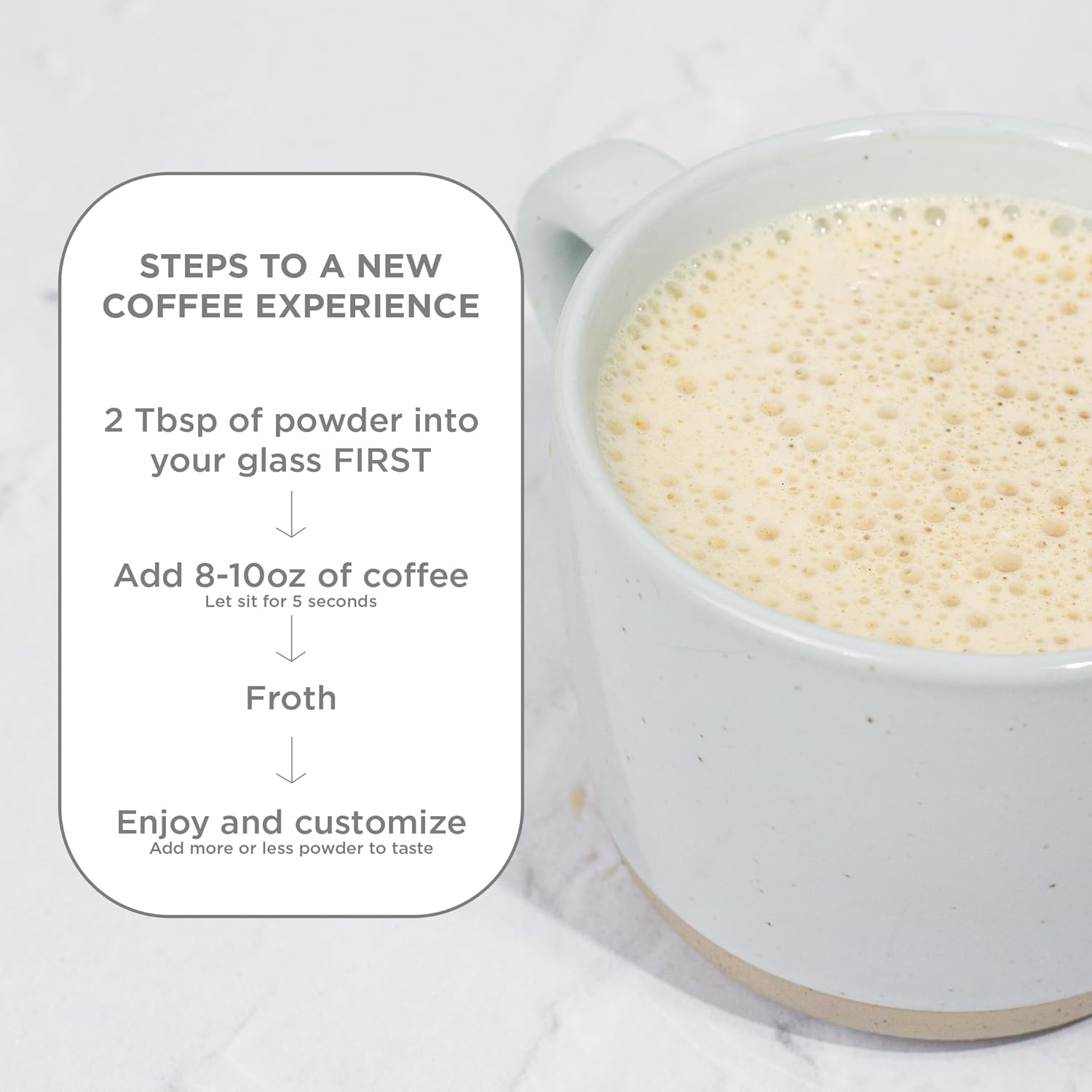 How to Use: Laird Superfood non-dairy creamer with mushrooms mixing instructions 227g on white background