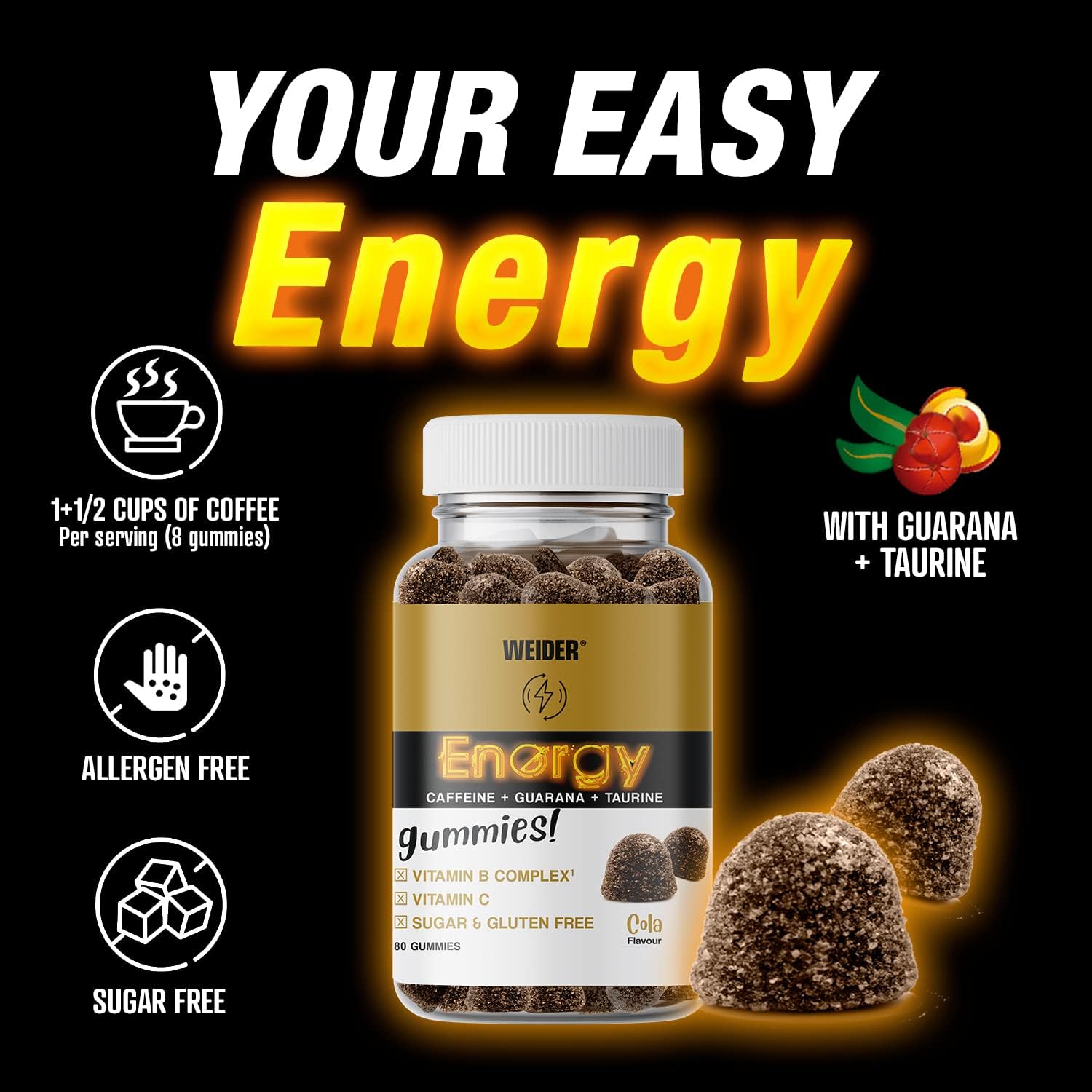 WEIDER Energy Gummies – Cola Flavour | 80 Gummies | Caffeine + Guarana + Taurine + B Vitamins